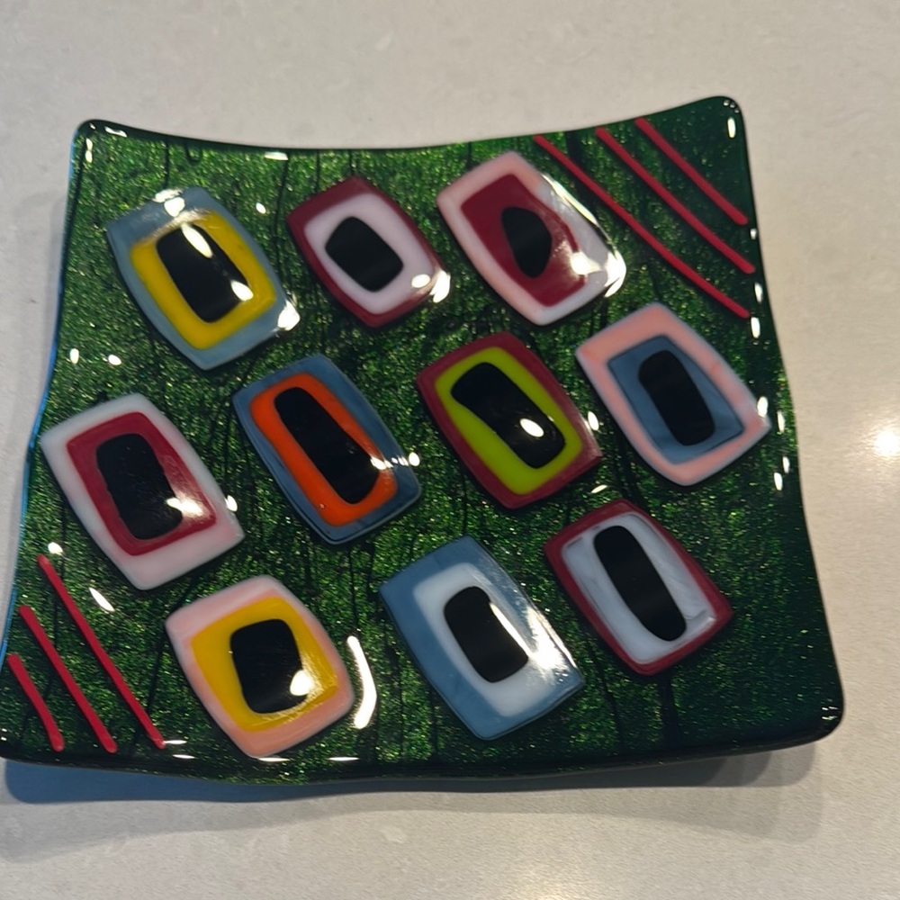 Vibrant Green and Multicolor Glass Art Plate